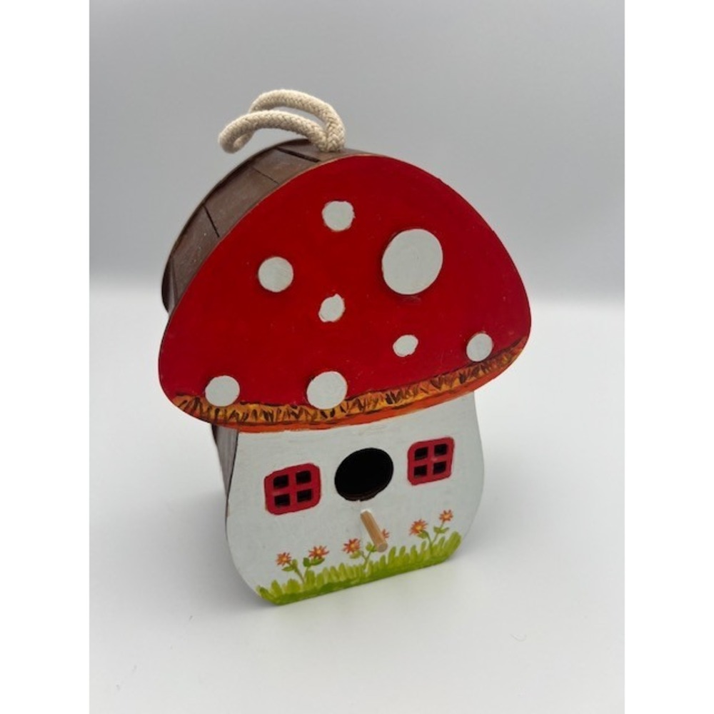 Red Mushroom Toadstool Wooden Birdhouse Hand Painted Fairy Garden Decor